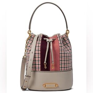 Kate Spade Gramercy Racing Stripe Plaid Twill Medium Bucket Bag - Mushroom Multi